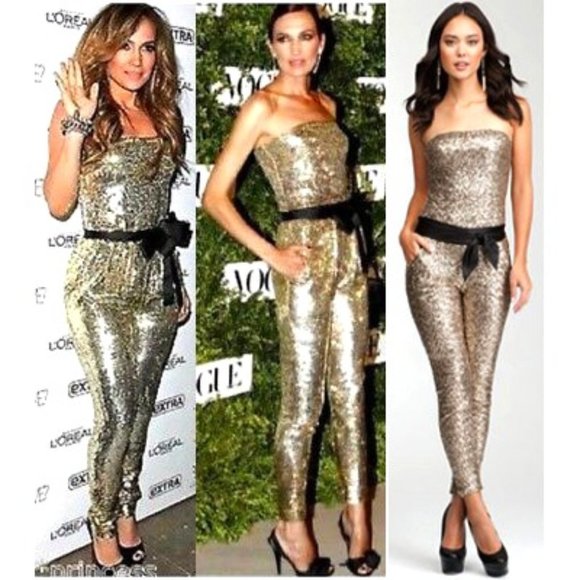 💥SHOWSTOPPER!💥Vintage Bebe Bodycon Strapless Belted Jumpsuit in Gold Sequin